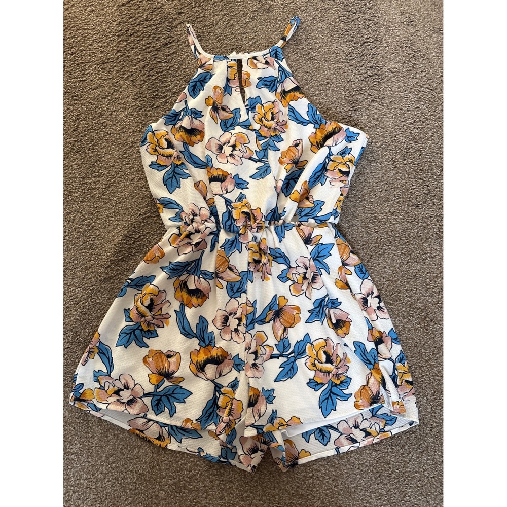 J for Justify Floral Romper Womens Medium White Blue Orange Halter Keyhole Boho